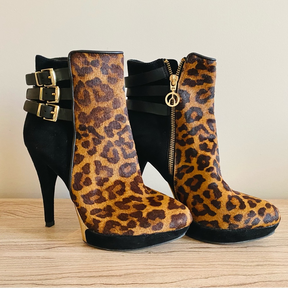 Wishbone Leather Leopard Print Heeled Booties